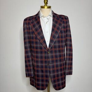 Donegal Plaid Blazer Double Knit Men's 44R Blue‎ Orange White Vintage